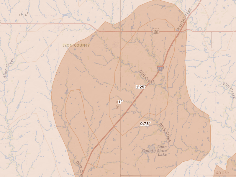 Radar-estimated hail-size map of the storm over Admire, KS on Apr 26, 2026