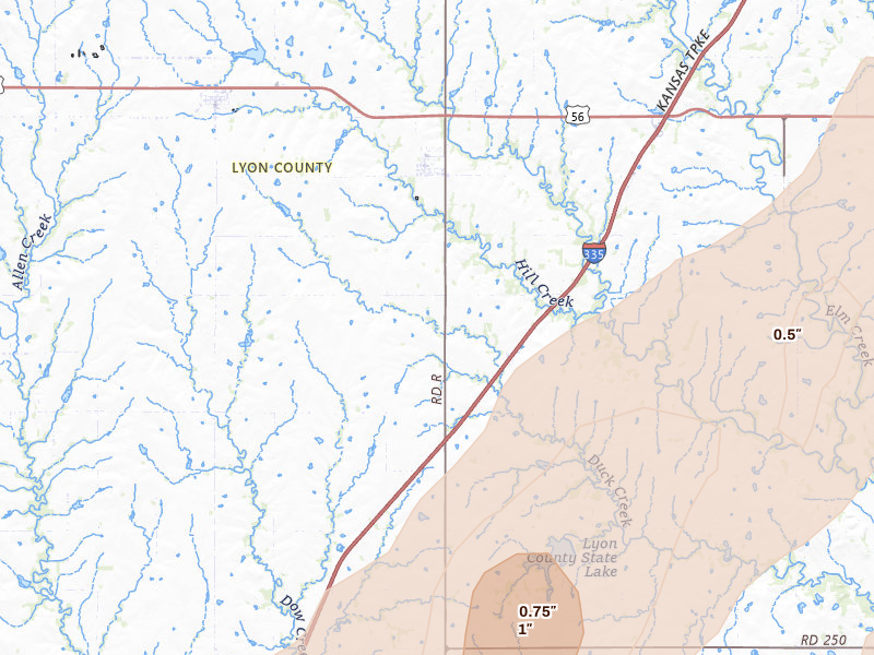 Radar-estimated hail-size map of the storm over Admire, KS on May 30, 2026