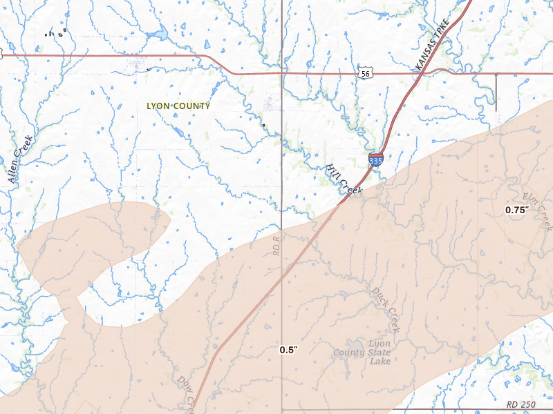 Radar-estimated hail-size map of the storm over Admire, KS on May 31, 2026