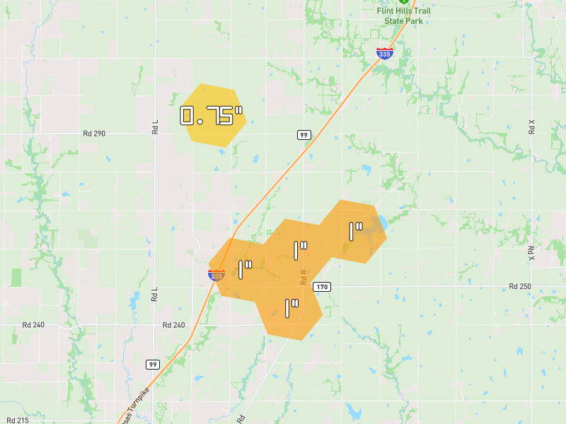Hail map of Admire, KS on Jun 1, 2026, hail up to 1"