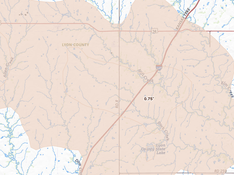 Radar-estimated hail-size map of the storm over Admire, KS on Jun 8, 2026