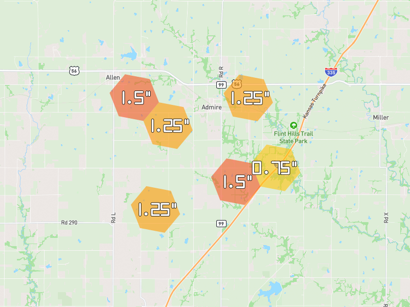 Hail map of Admire, KS on Jun 9, 2026, hail up to 1.5"