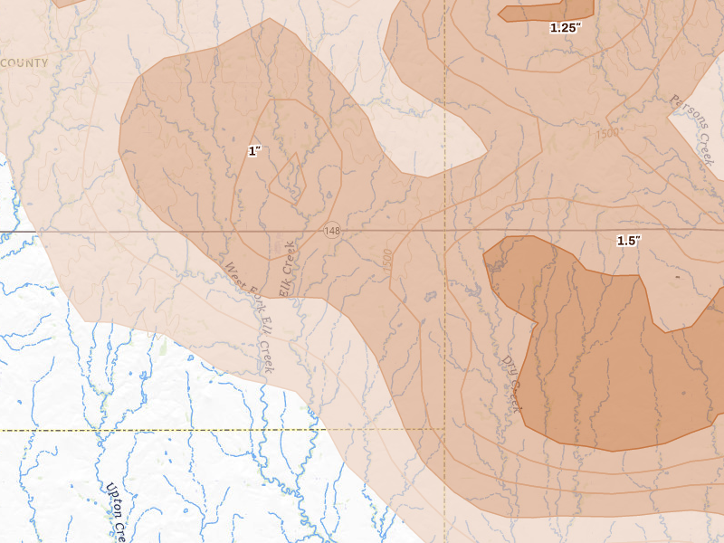 Radar-estimated hail-size map of the storm over Agenda, KS on Apr 9, 2026