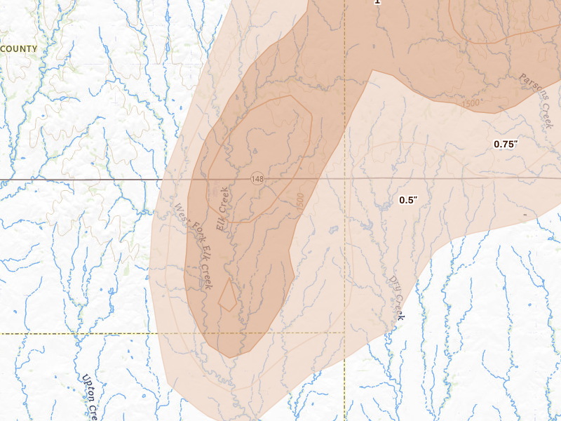 Radar-estimated hail-size map of the storm over Agenda, KS on May 16, 2026
