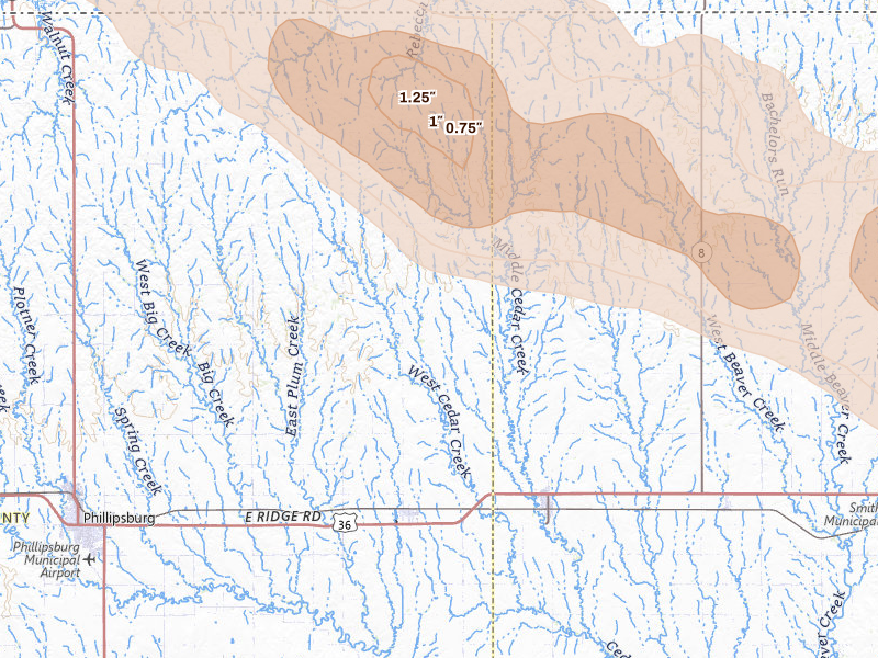 Radar-estimated hail-size map of the storm over Agra, KS on Jul 30, 2026