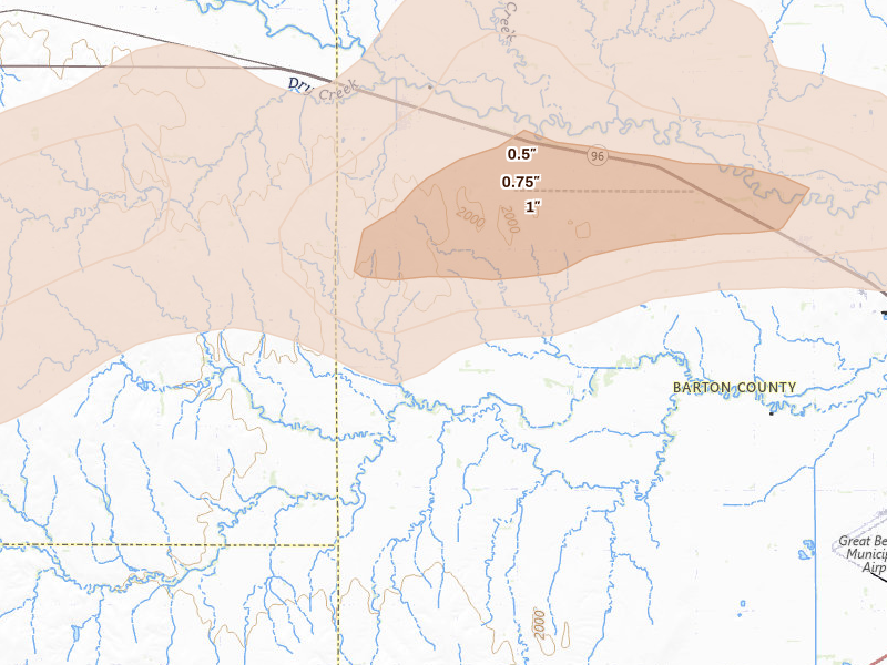 Radar-estimated hail-size map of the storm over Albert, KS on Apr 9, 2026