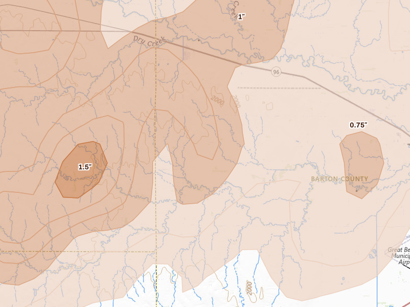 Radar-estimated hail-size map of the storm over Albert, KS on May 17, 2026