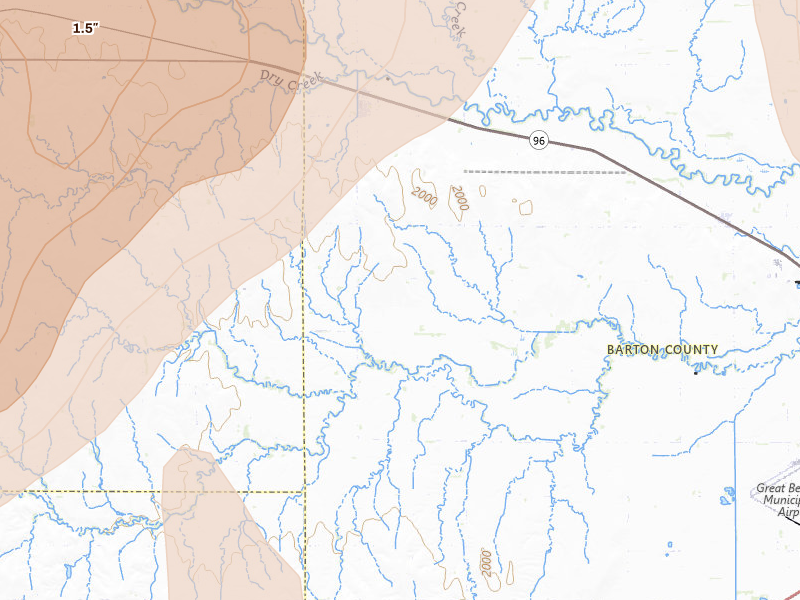 Radar-estimated hail-size map of the storm over Albert, KS on May 30, 2026
