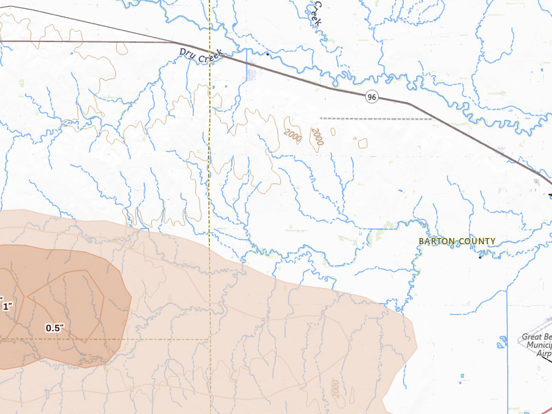 Radar-estimated hail-size map of the storm over Albert, KS on Aug 18, 2026