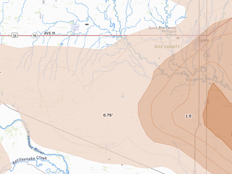 Radar-estimated hail-size map of the storm over Alden, KS on Jun 10, 2026