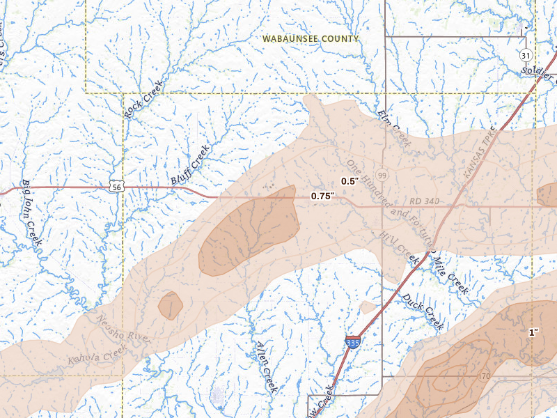 Radar-estimated hail-size map of the storm over Allen, KS on Apr 13, 2026