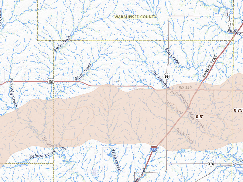 Radar-estimated hail-size map of the storm over Allen, KS on Apr 23, 2026