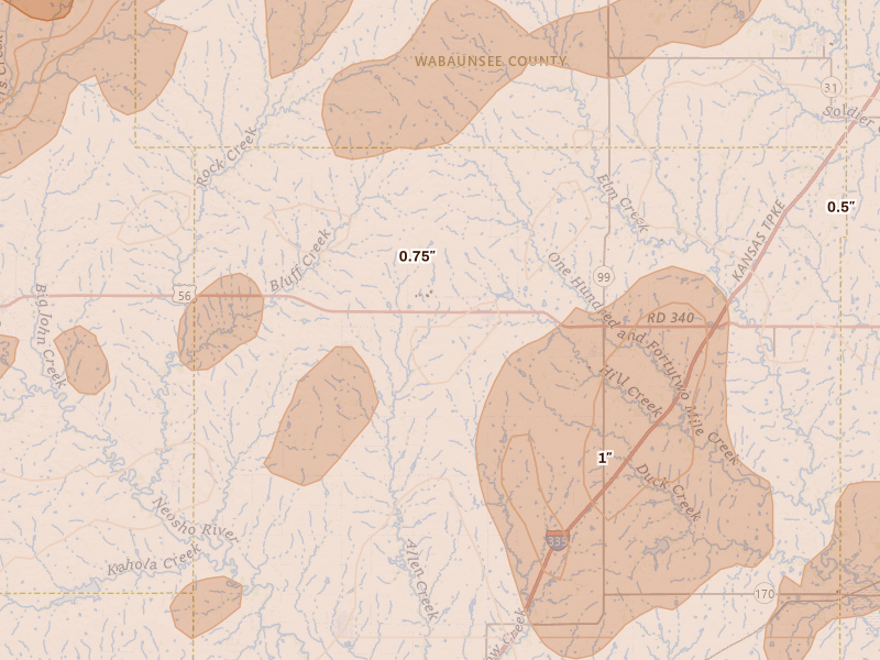 Radar-estimated hail-size map of the storm over Allen, KS on Apr 26, 2026