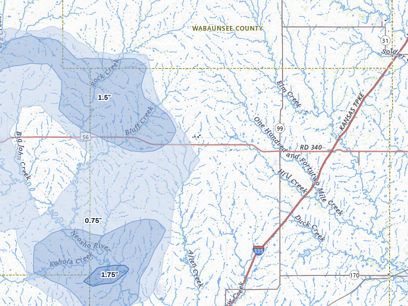 NEXRAD radar-signature map of the hail storm over Allen, KS on Jul 3, 2026