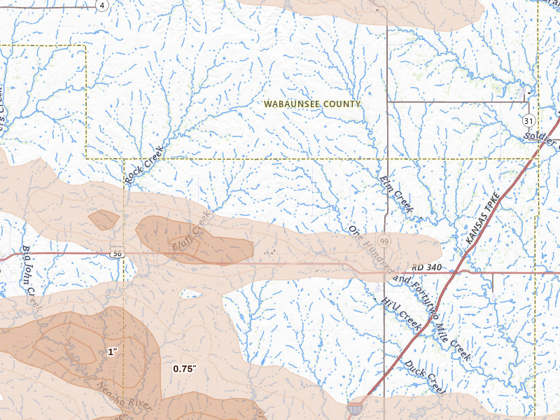 Radar-estimated hail-size map of the storm over Allen, KS on Aug 5, 2026