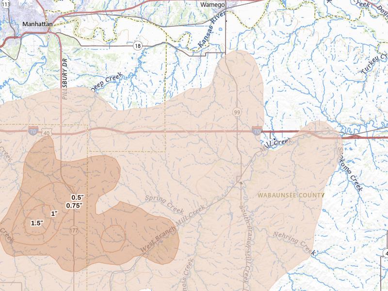 Radar-estimated hail-size map of the storm over Alma, KS on Apr 23, 2026