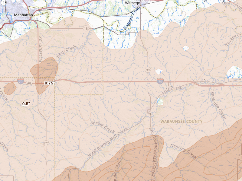 Radar-estimated hail-size map of the storm over Alma, KS on Apr 26, 2026