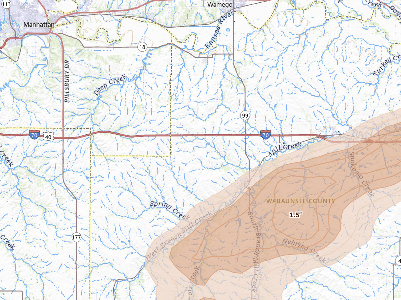 Radar-estimated hail-size map of the storm over Alma, KS on May 31, 2026