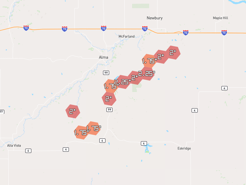 Hail map of Alma, KS on Jun 1, 2026, hail up to 2.25"
