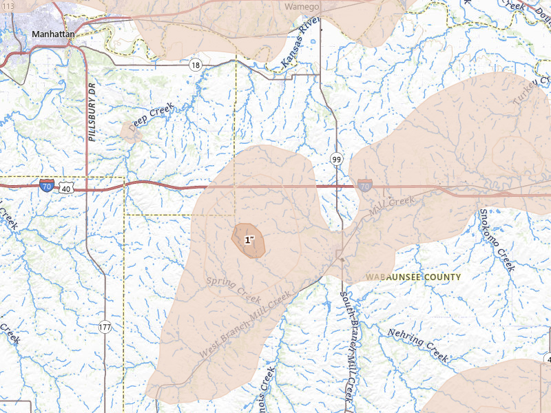 Radar-estimated hail-size map of the storm over Alma, KS on Jun 8, 2026