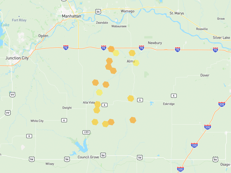 Hail map of Alma, KS on Jun 9, 2026, hail up to 1.25"