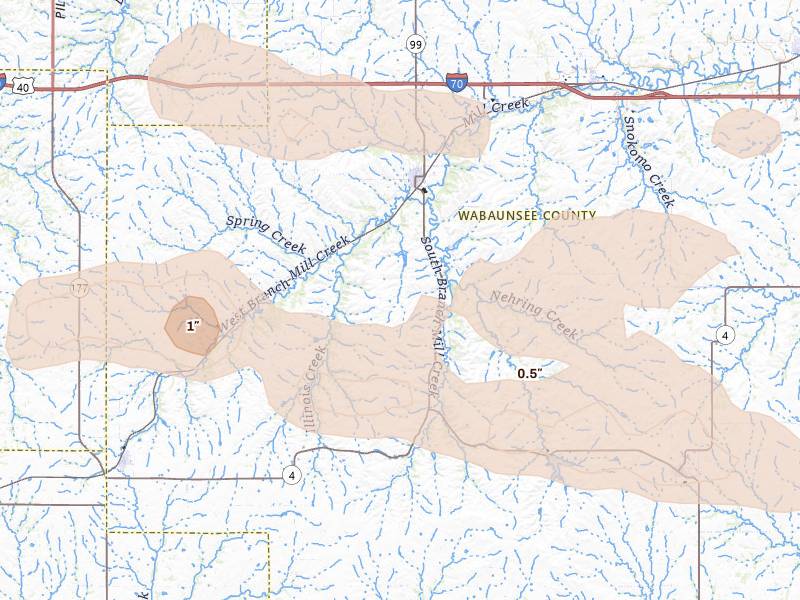Radar-estimated hail-size map of the storm over Alma, KS on Aug 5, 2026