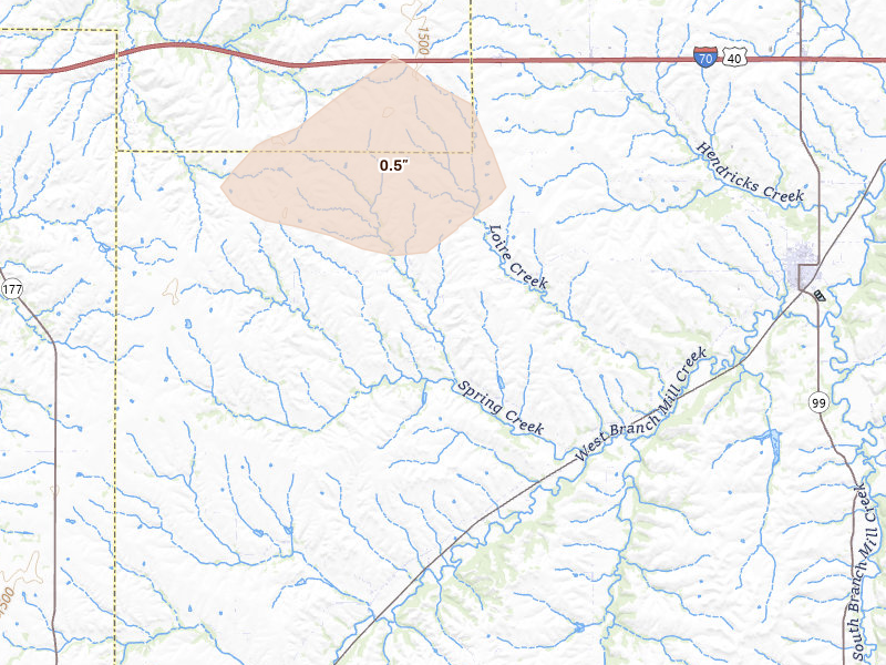 Radar-estimated hail-size map of the storm over Alma, KS on Aug 15, 2026