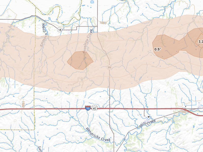 Radar-estimated hail-size map of the storm over Alma, KS on Aug 18, 2026
