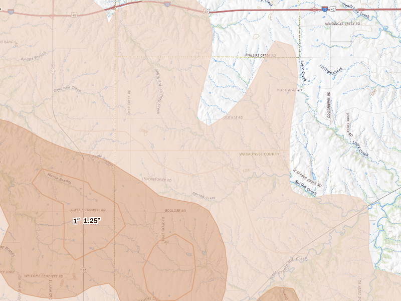 Radar-estimated hail-size map of the storm over Alma, KS on Sep 12, 2026