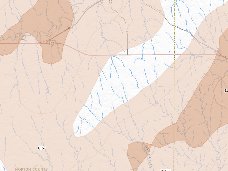 Radar-estimated hail-size map of the storm over Almena, KS on Jun 9, 2026