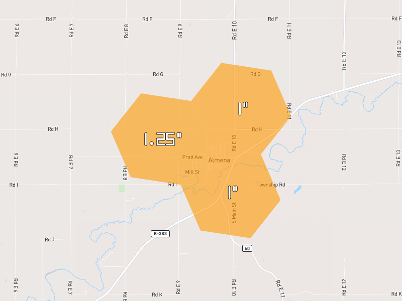 Hail map of Almena, KS on Jun 9, 2026, hail up to 1.25"