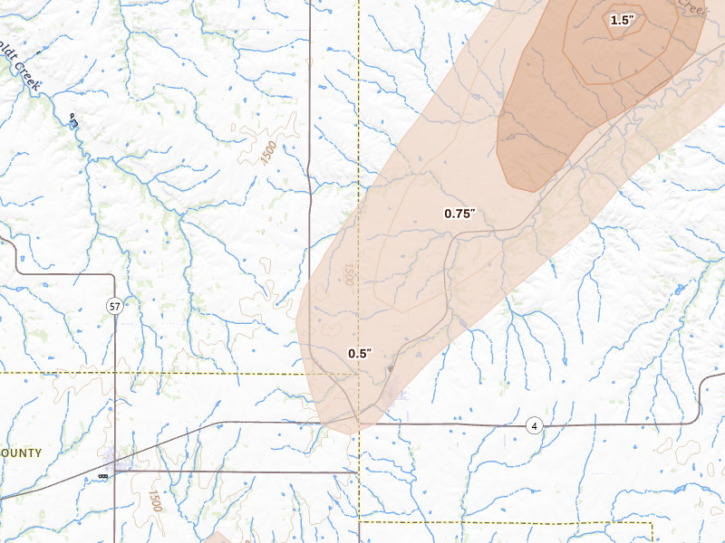 Radar-estimated hail-size map of the storm over Alta Vista, KS on Mar 5, 2026