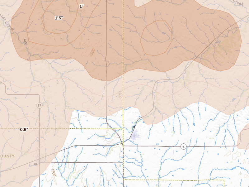 Radar-estimated hail-size map of the storm over Alta Vista, KS on Apr 23, 2026