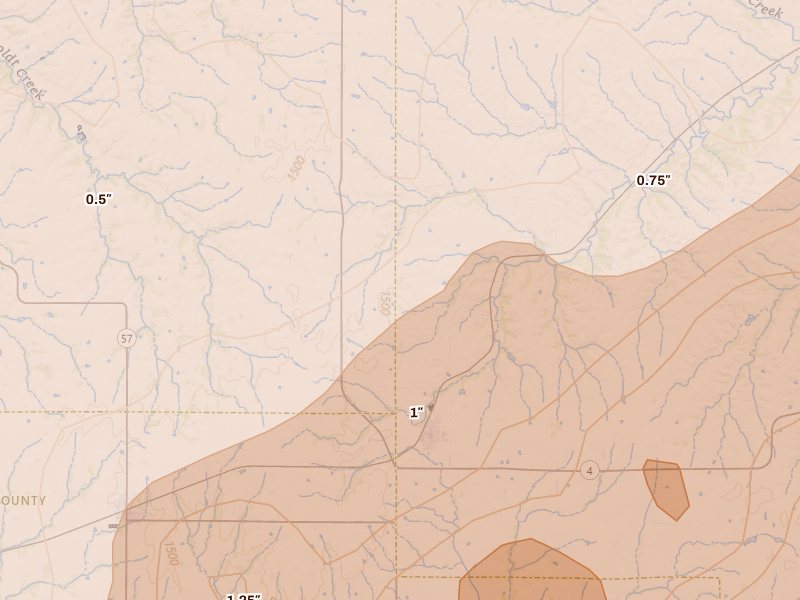 Radar-estimated hail-size map of the storm over Alta Vista, KS on Apr 26, 2026