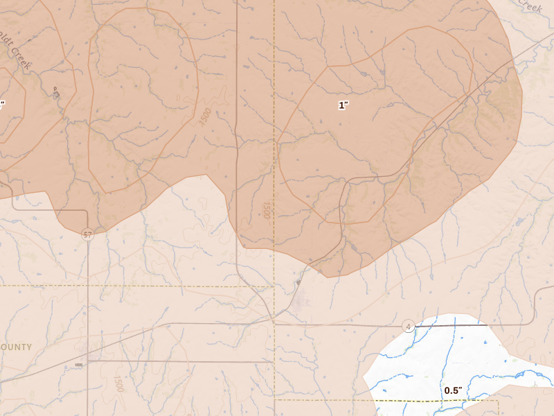 Radar-estimated hail-size map of the storm over Alta Vista, KS on May 18, 2026