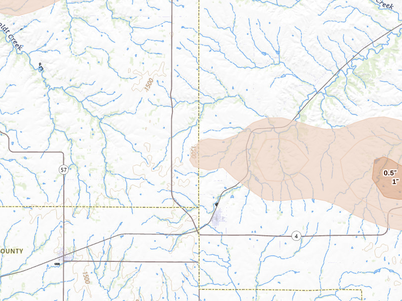 Radar-estimated hail-size map of the storm over Alta Vista, KS on Jul 4, 2026