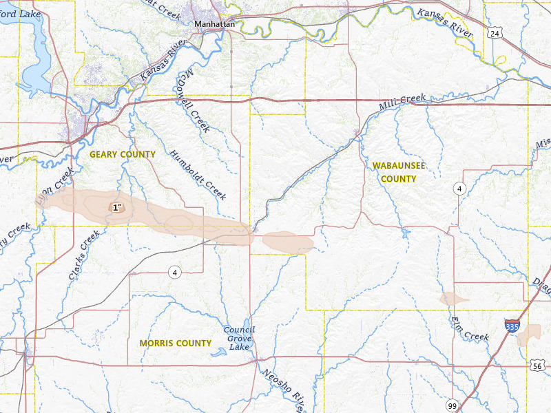 Radar-estimated hail-size map of the storm over Alta Vista, KS on Jul 23, 2026