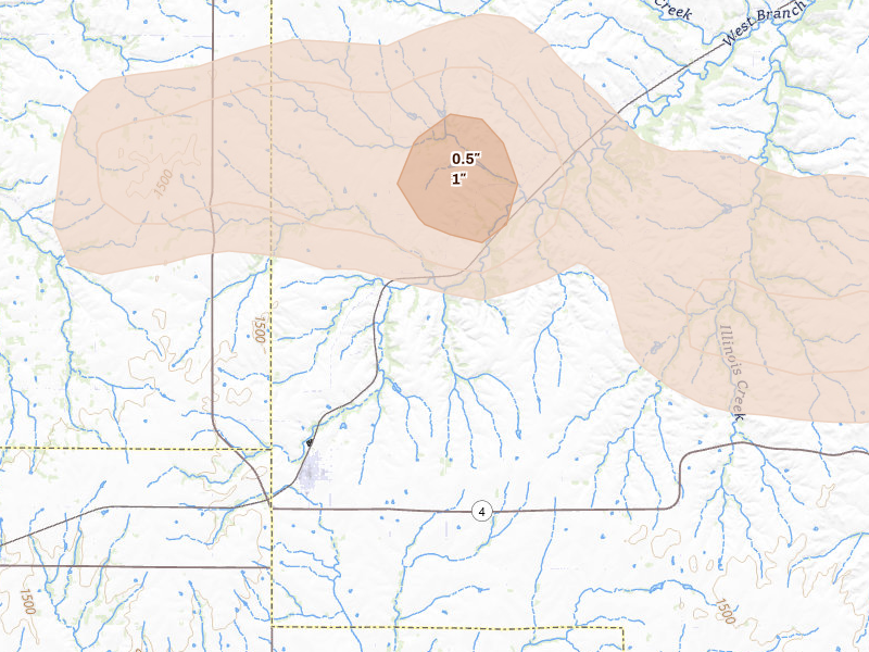 Radar-estimated hail-size map of the storm over Alta Vista, KS on Aug 5, 2026