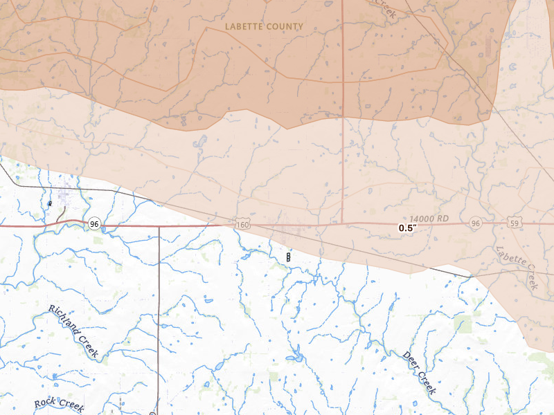 Radar-estimated hail-size map of the storm over Altamont, KS on Apr 26, 2026