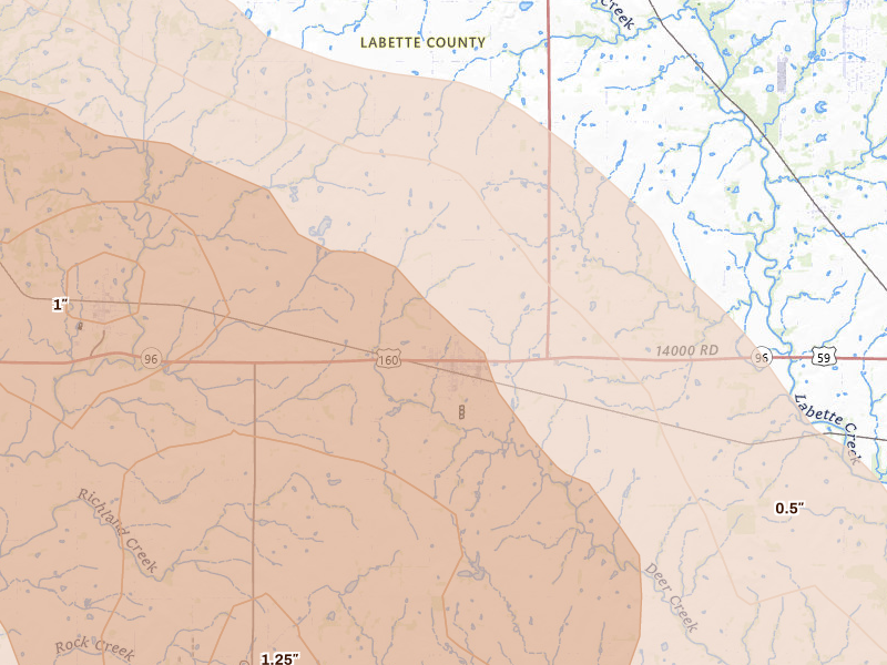 Radar-estimated hail-size map of the storm over Altamont, KS on Jun 11, 2026