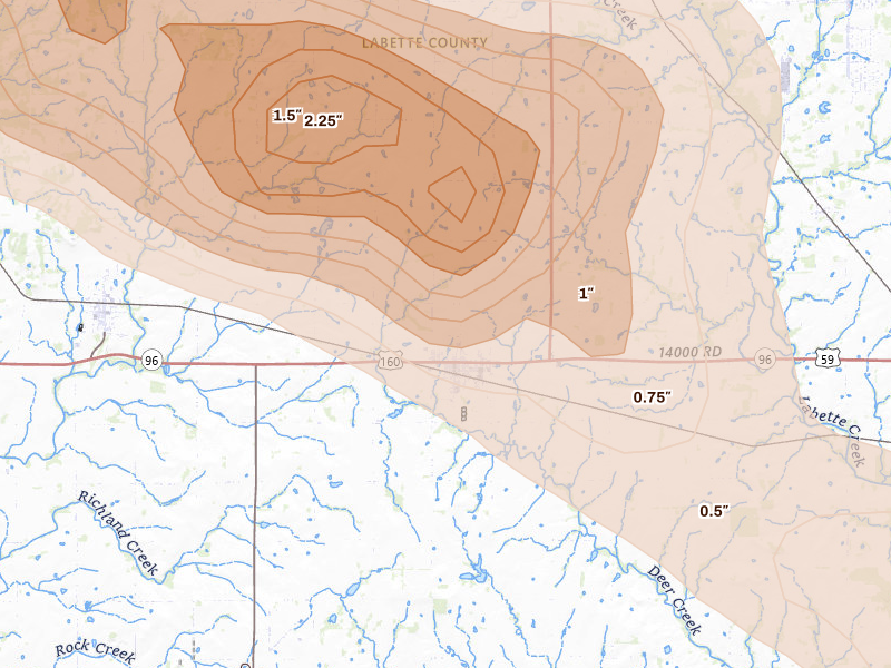 Radar-estimated hail-size map of the storm over Altamont, KS on Jun 25, 2026