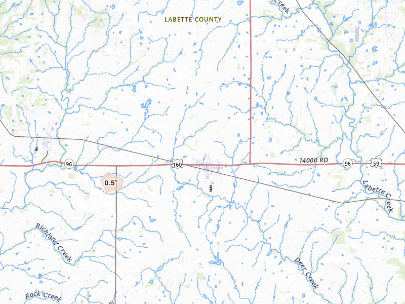 Radar-estimated hail-size map of the storm over Altamont, KS on Jun 26, 2026