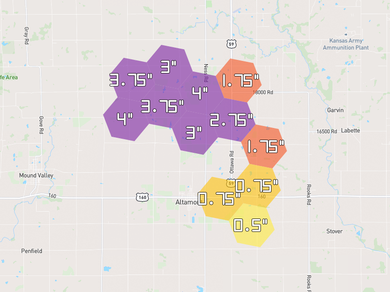 Hail map of Altamont, KS on Jun 26, 2026, hail up to 4"