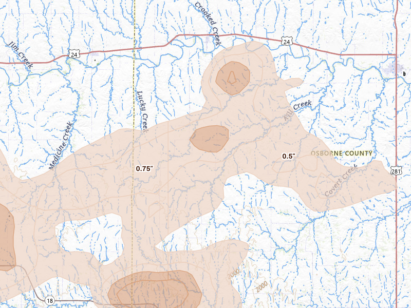Radar-estimated hail-size map of the storm over Alton, KS on Jul 3, 2026