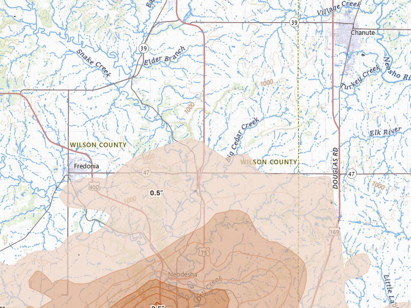 Radar-estimated hail-size map of the storm over Altoona, KS on Apr 26, 2026
