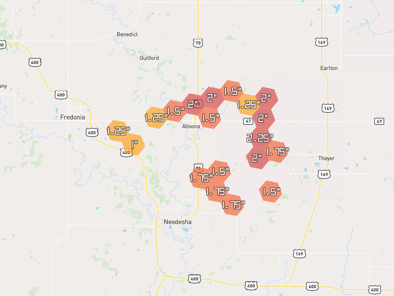 Hail map of Altoona, KS on Jun 1, 2026, hail up to 2.25"