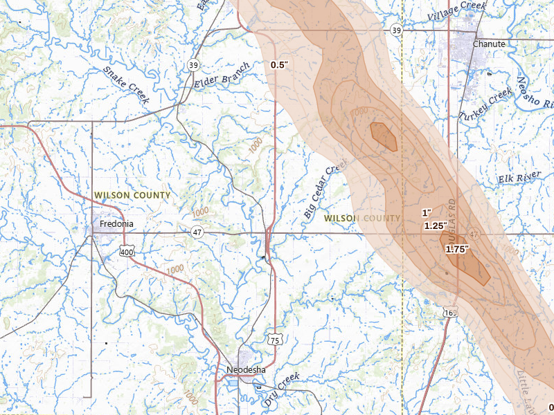 Radar-estimated hail-size map of the storm over Altoona, KS on Jun 16, 2026