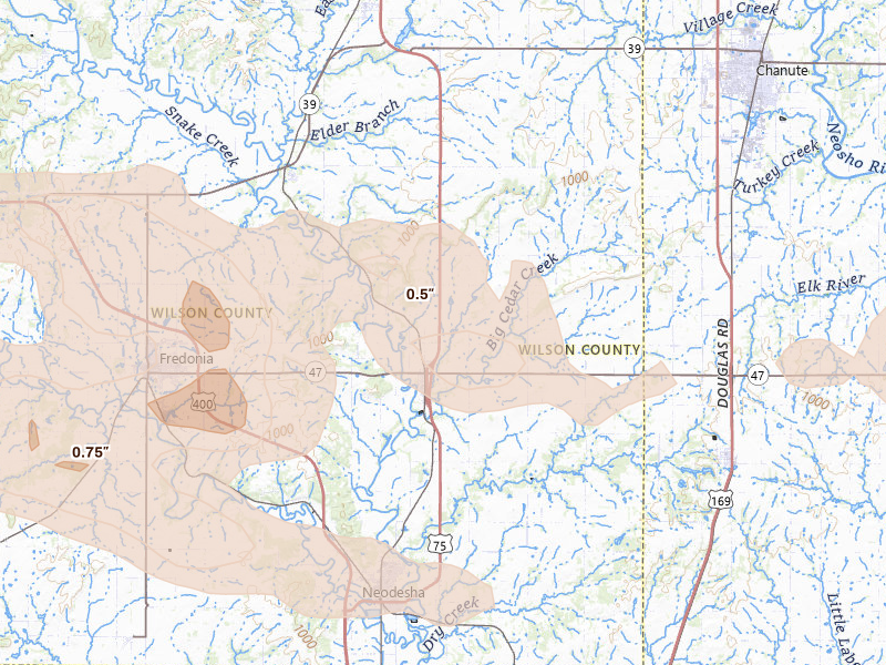 Radar-estimated hail-size map of the storm over Altoona, KS on Jul 10, 2026
