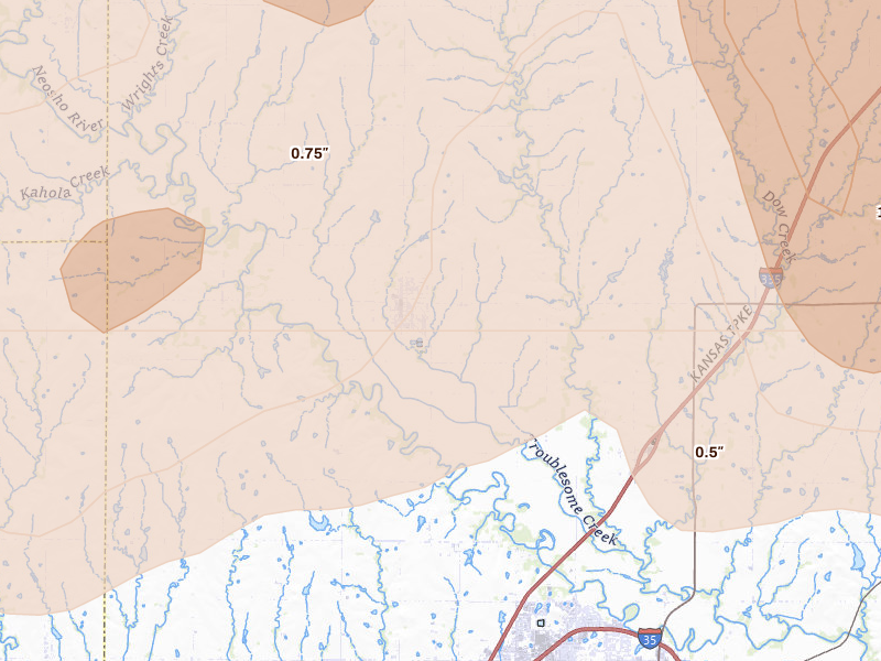 Radar-estimated hail-size map of the storm over Americus, KS on Apr 26, 2026