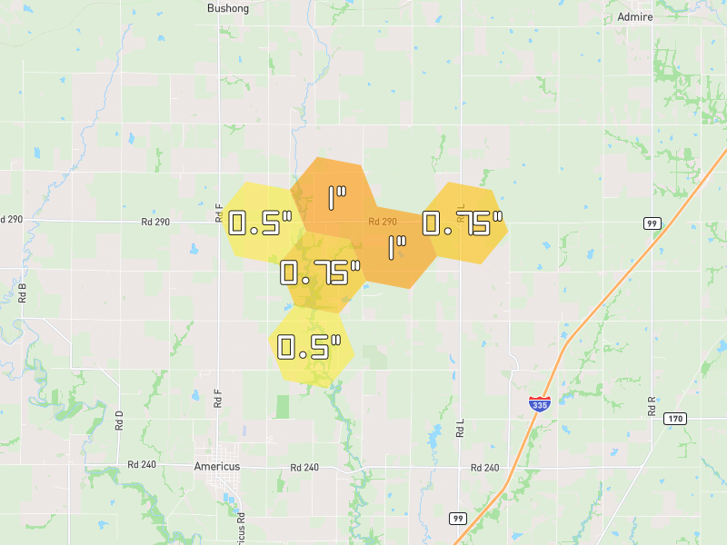 Hail map of Americus, KS on Jun 1, 2026, hail up to 1"